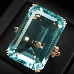 Genuine Sea Blue Aquamarine Baguette 26.25Ct 925 Sterling Silver Rose Gold Ring